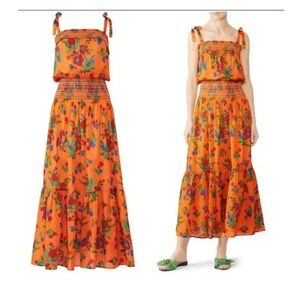 Tory Burch orange toucans print smocked Maxi Dress size XS